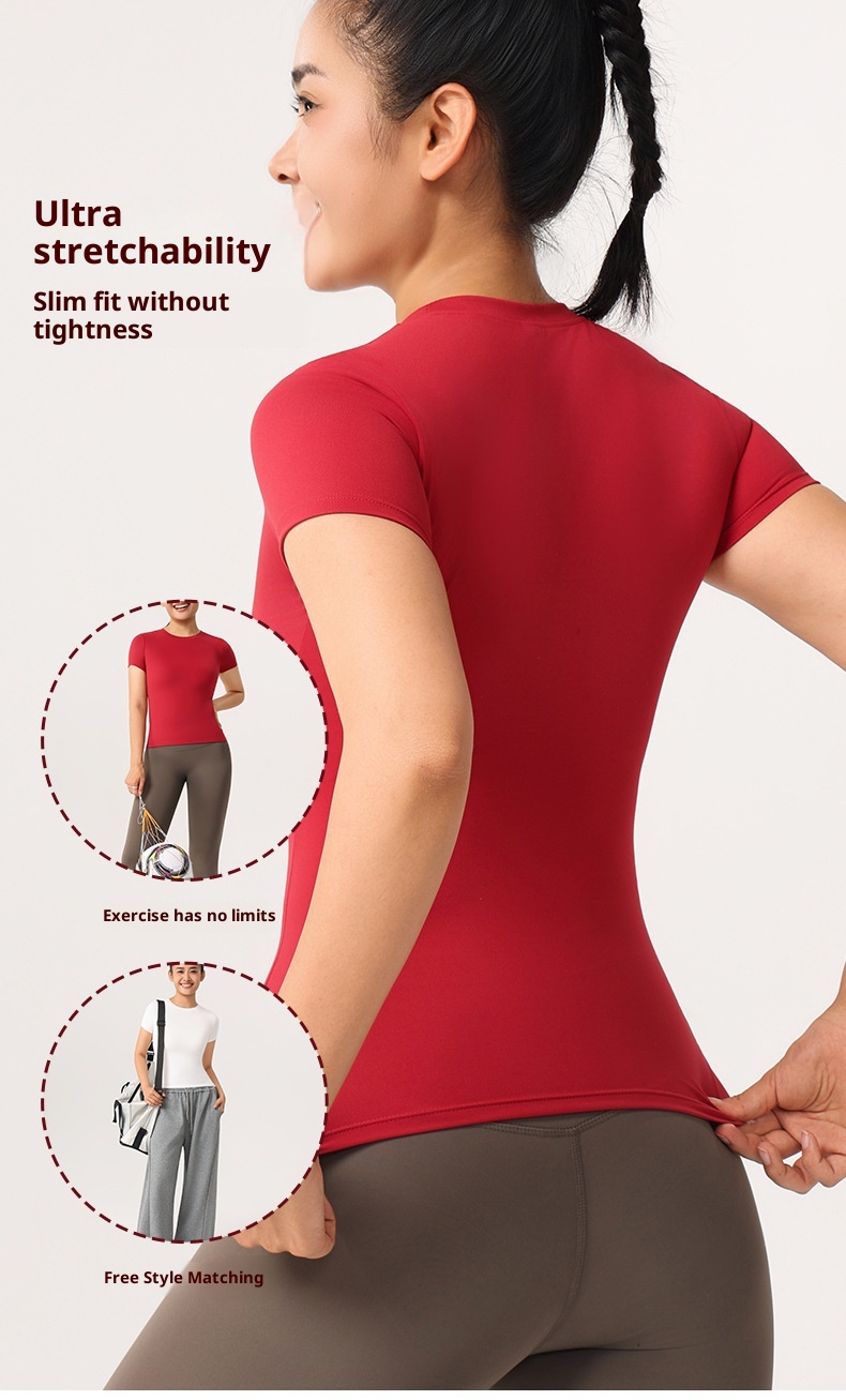 ActiveGo Seamless Nude Yoga Short Sleeve Sports Top Women's T-Shirt Outdoor Tennis Breathable Elastic Quick-Drying Fitness Wear_voghion.com