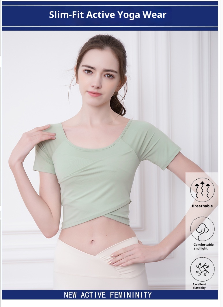 Camiseta de yoga ActiveGo de secado rápido con almohadilla pectoral para mujer, corte ajustado, ideal para deportes al aire libre y fitness, manga corta, perfecta para el verano._voghion.com