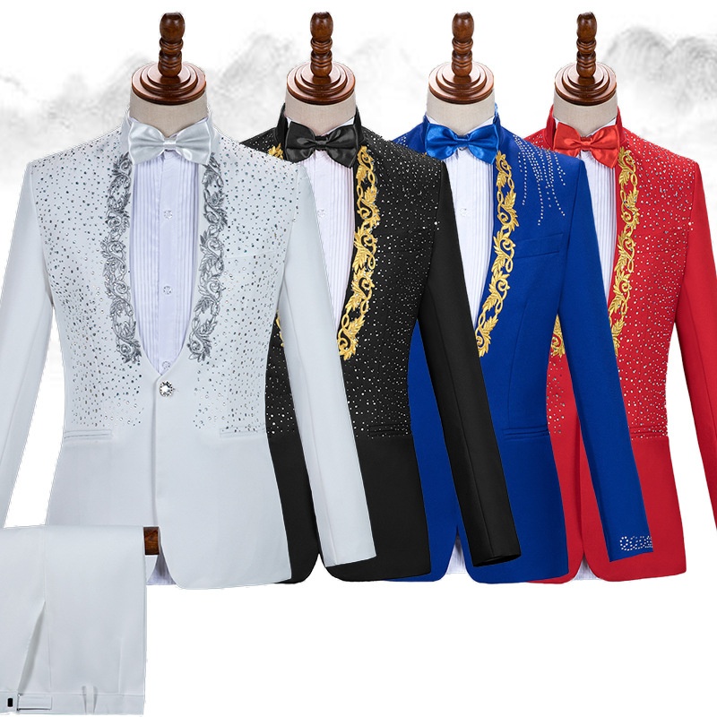 Costume da esibizione per uomo, adulto, con colletto alto e paillettes, cantante, presentatore, coro da palcoscenico, completo formale da uomo_voghion.com