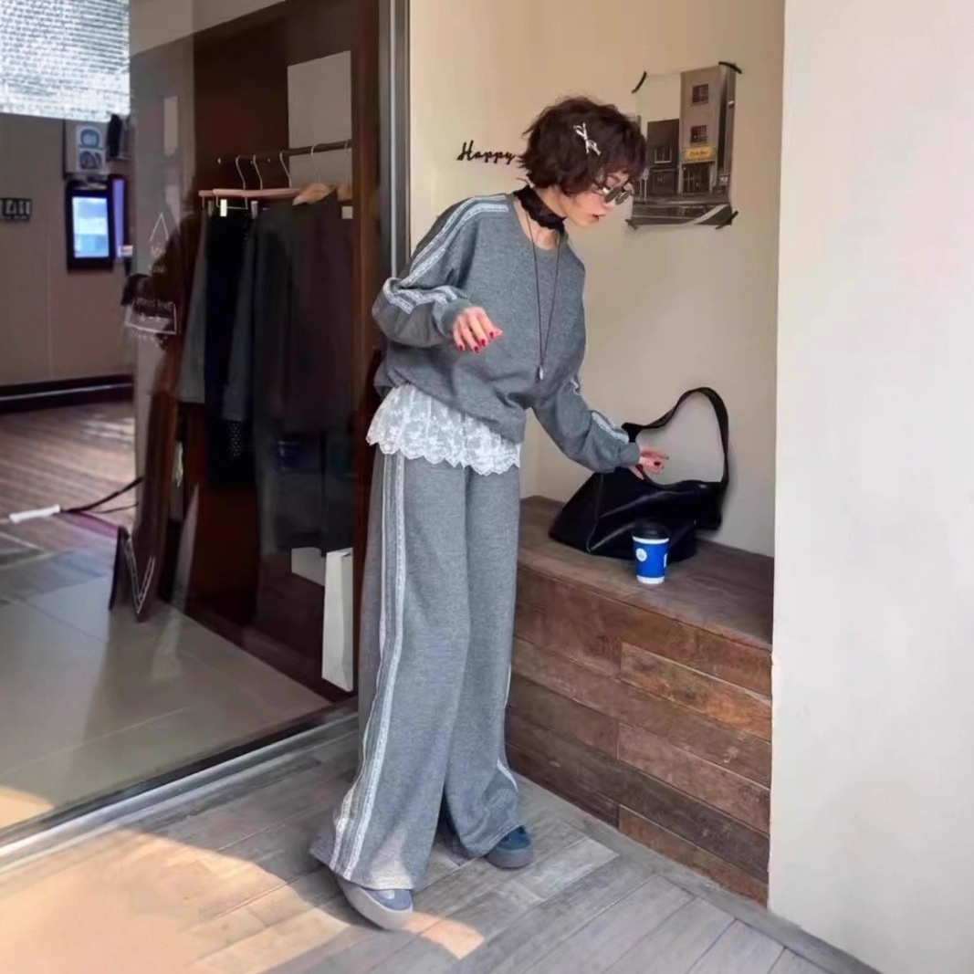 001 Women's Sports Suit Spring Autumn 2025 Fashionable Stylish Casual Gray Loose Sweatshirt With Lace Lazy Wide Leg_voghion.com