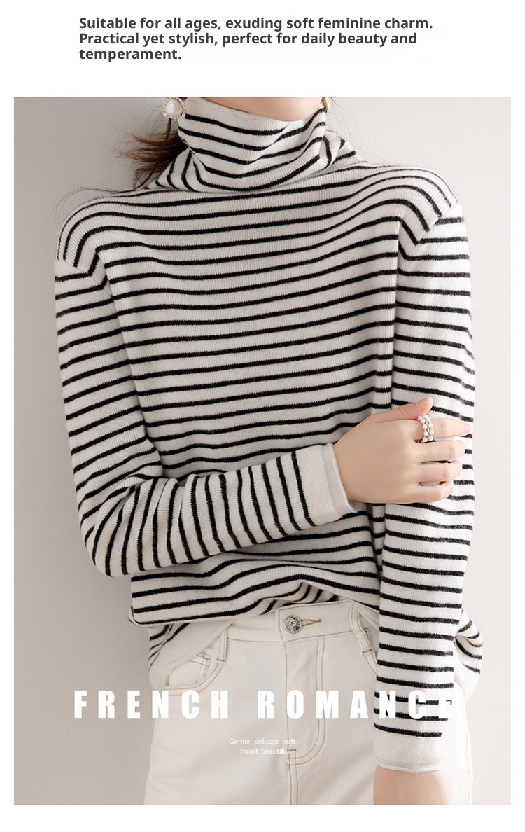 GraceChic GraceChic GraceChic Striped Turtleneck For Women, Autumn Winter 2022 New Simple Versatile Pile Collar Base Shirt, Color Block Slim Fit_voghion.com