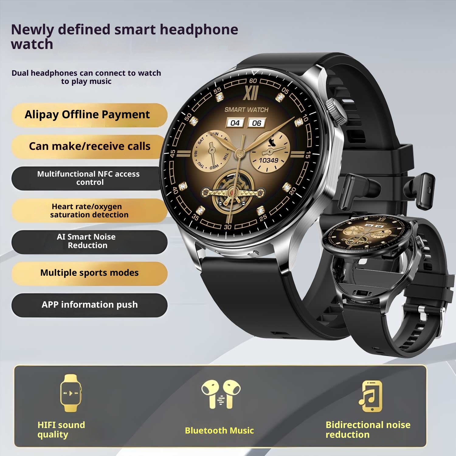 TWS High-end Earphone Call Two-in-one Smart Watch Music Blood Pressure Heart Rate Monitor Bracelet Payment_voghion.com