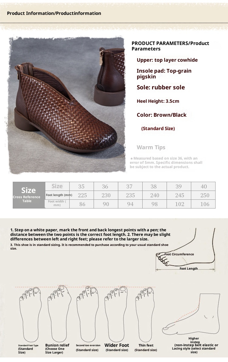 Chaussures montantes ShoeVault Vintage Original New Flat And Bare Short Woven Handmade en cuir véritable pour femmes, fermeture éclair arrière, bottines simples_voghion.com