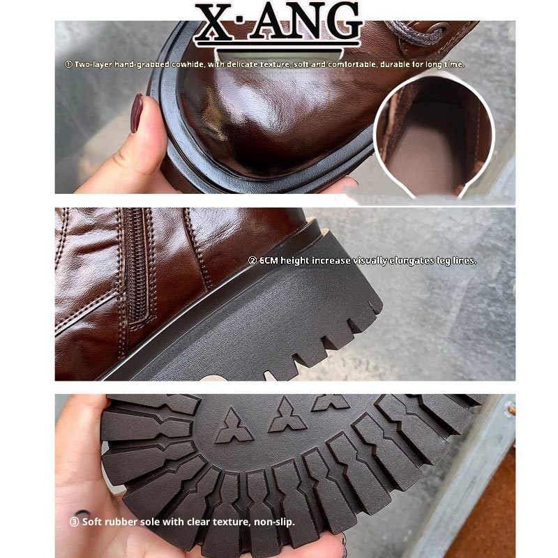 ShoeVault Genuine Leather Martin For Women, Thick Sole, Height Increasing, Chunky Heel, Short Winter New Style, Fleece Lined,_voghion.com