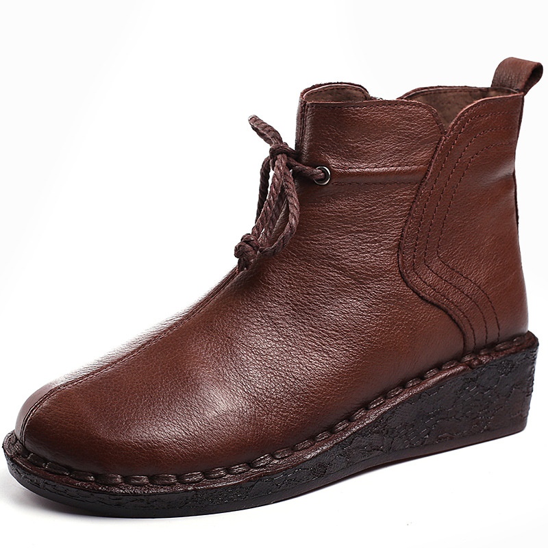 ShoeVault Warm Short For Women Genuine Leather New Wedge Side Zipper Round Toe Retro Shoe Non-Slip Height Increaing Women'_voghion.com