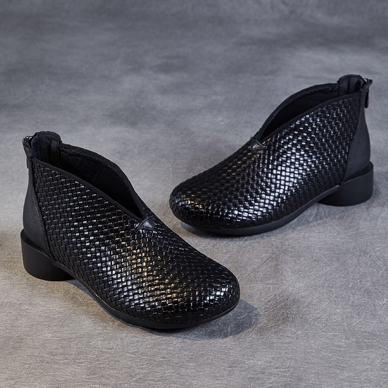 Chaussures montantes ShoeVault Vintage Original New Flat And Bare Short Woven Handmade en cuir véritable pour femmes, fermeture éclair arrière, bottines simples_voghion.com