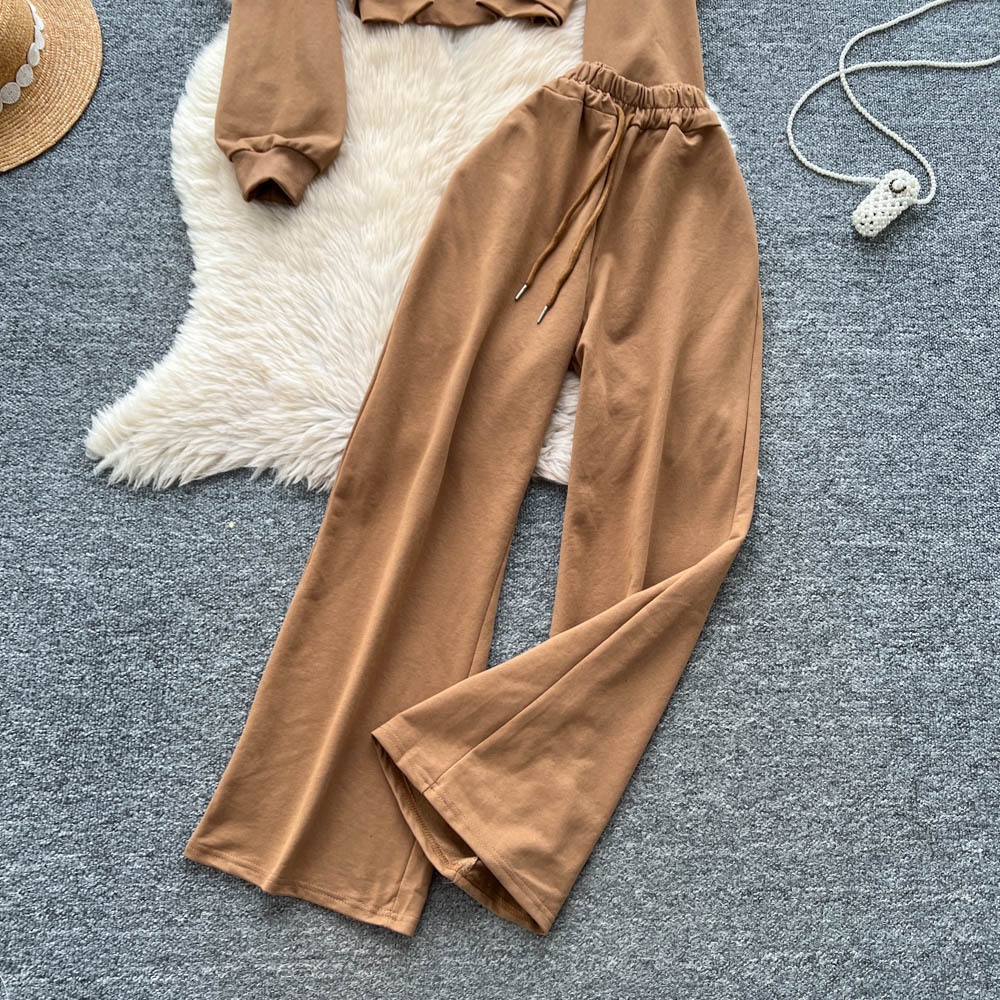 001 Tuta sportiva casual da donna, felpa autunnale a maniche lunghe con scollo rotondo e corto, pantaloni larghi a vita alta e snellenti_voghion.com