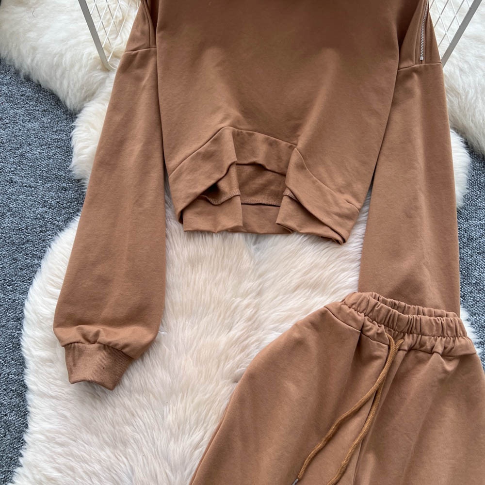 001 Tuta sportiva casual da donna, felpa autunnale a maniche lunghe con scollo rotondo e corto, pantaloni larghi a vita alta e snellenti_voghion.com