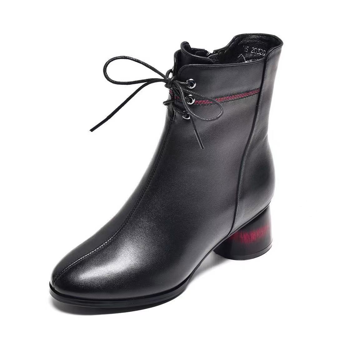 Bottes courtes ShoeVault en cuir véritable, collection automne-hiver 2023, style Martin, bout rond, talon épais, doublure polaire, pour femme._voghion.com