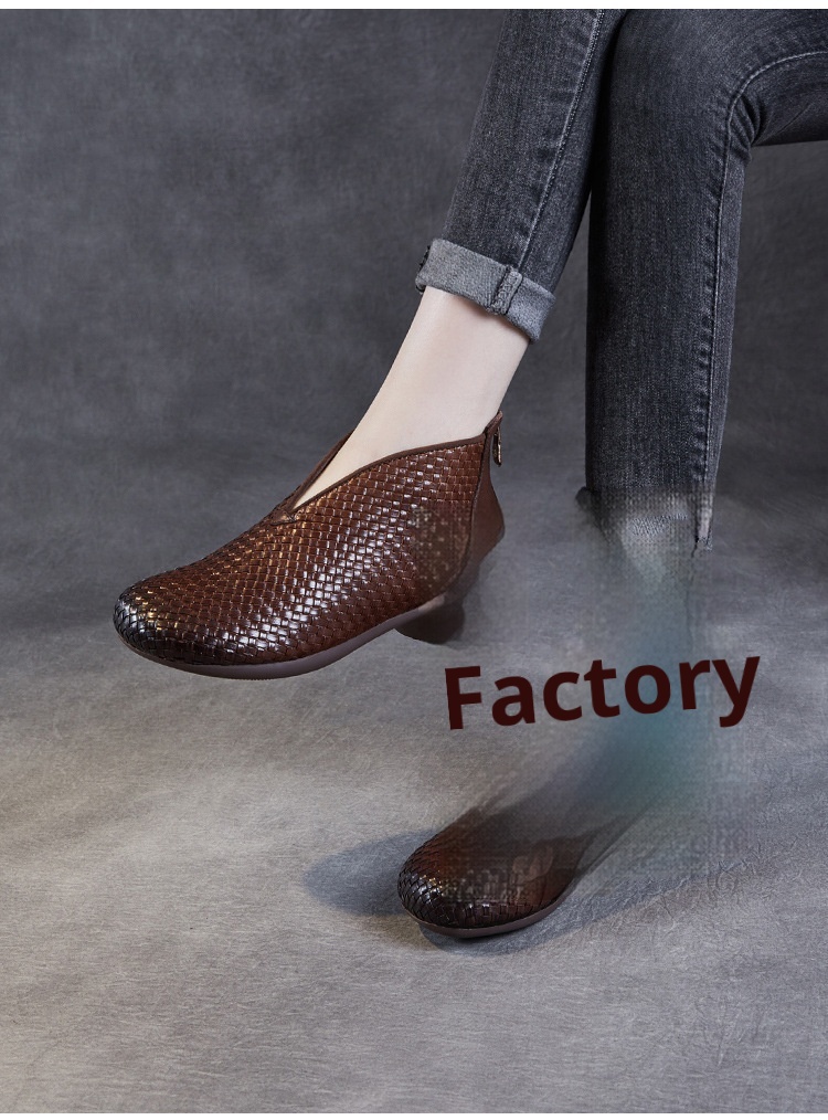 Chaussures montantes ShoeVault Vintage Original New Flat And Bare Short Woven Handmade en cuir véritable pour femmes, fermeture éclair arrière, bottines simples_voghion.com