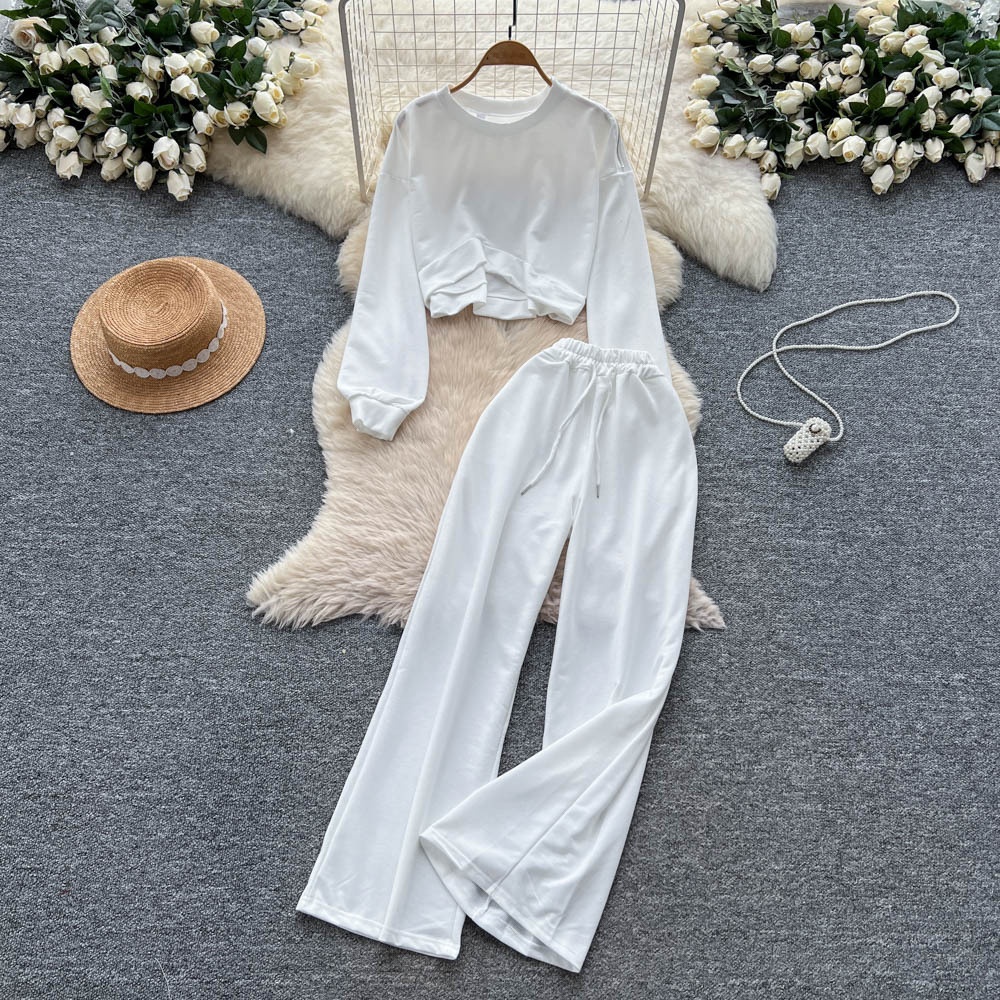 001 Tuta sportiva casual da donna, felpa autunnale a maniche lunghe con scollo rotondo e corto, pantaloni larghi a vita alta e snellenti_voghion.com