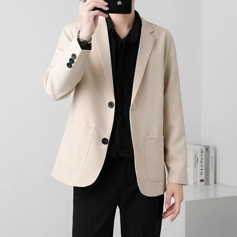 Ragazzo maturo uomo nero set elegante drappeggiato di alta qualità piccolo abito JK uniforme stile strada giacca casual_voghion.com