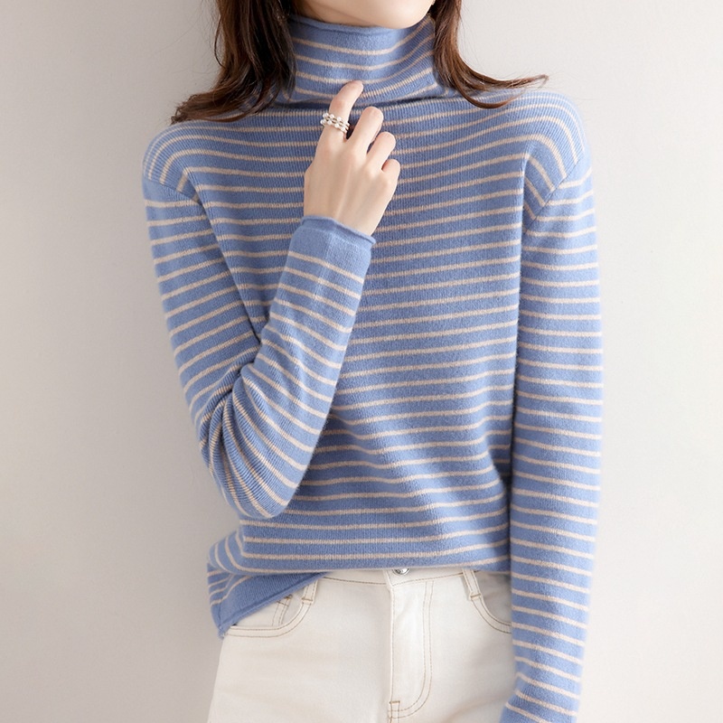 GraceChic GraceChic GraceChic Striped Turtleneck For Women, Autumn Winter 2022 New Simple Versatile Pile Collar Base Shirt, Color Block Slim Fit_voghion.com