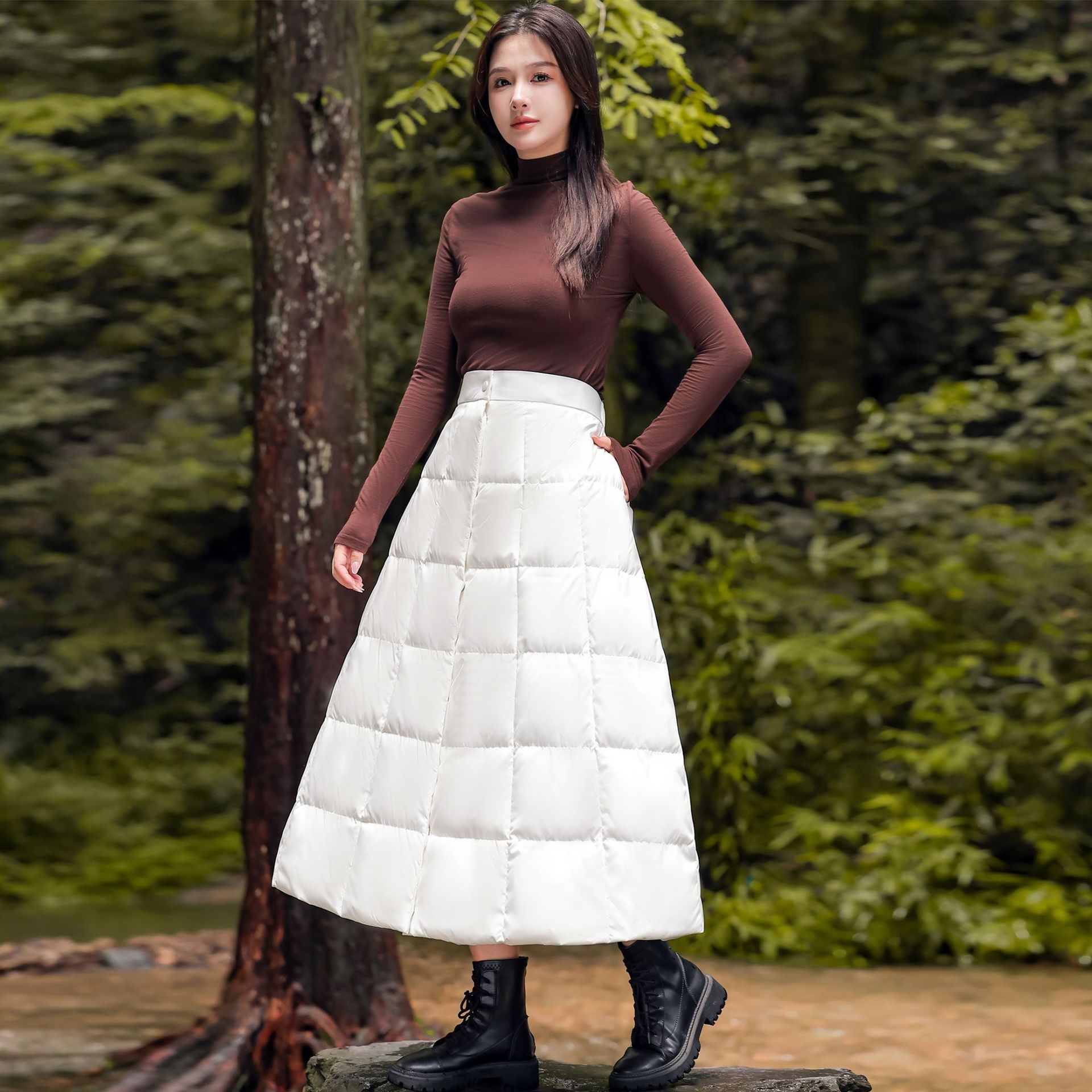 Veste épaisse ChicShe 90 en toile de canard blanche, coupe trapèze, mi-longue, coupe-vent, chaude, idéale pour le cyclisme. Jupe en duvet._voghion.com