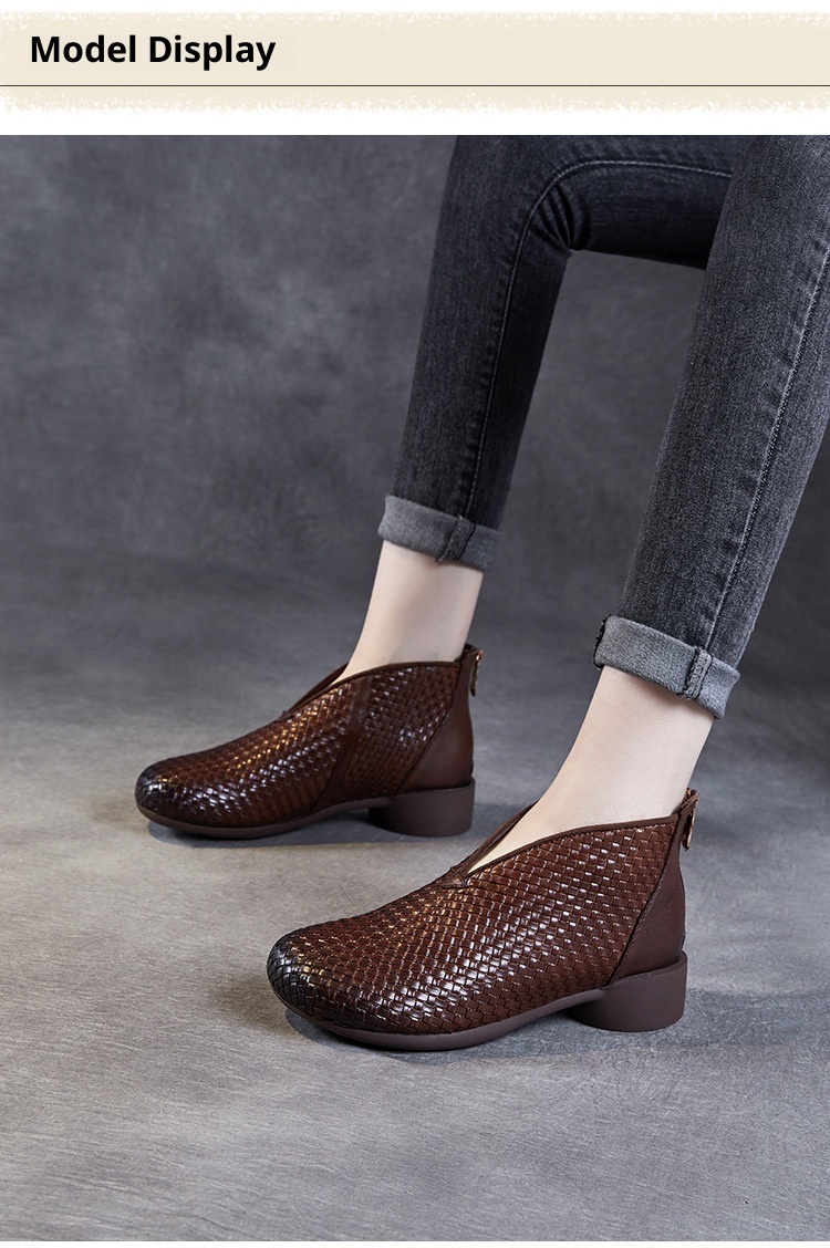 Chaussures montantes ShoeVault Vintage Original New Flat And Bare Short Woven Handmade en cuir véritable pour femmes, fermeture éclair arrière, bottines simples_voghion.com