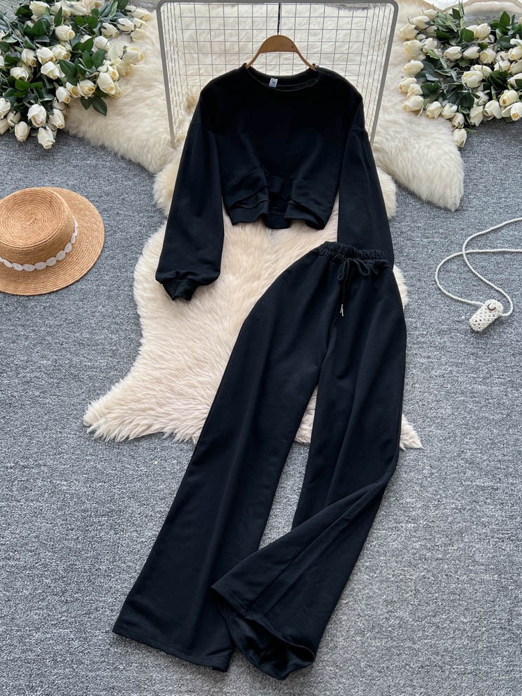 001 Tuta sportiva casual da donna, felpa autunnale a maniche lunghe con scollo rotondo e corto, pantaloni larghi a vita alta e snellenti_voghion.com