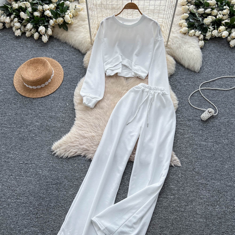 001 Tuta sportiva casual da donna, felpa autunnale a maniche lunghe con scollo rotondo e corto, pantaloni larghi a vita alta e snellenti_voghion.com