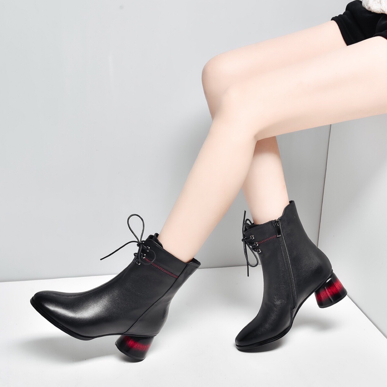 Bottes courtes ShoeVault en cuir véritable, collection automne-hiver 2023, style Martin, bout rond, talon épais, doublure polaire, pour femme._voghion.com