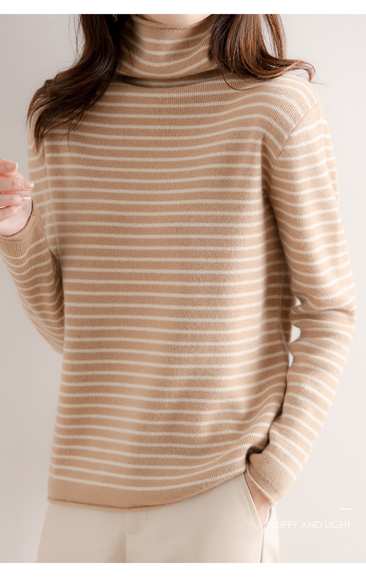 GraceChic GraceChic GraceChic Striped Turtleneck For Women, Autumn Winter 2022 New Simple Versatile Pile Collar Base Shirt, Color Block Slim Fit_voghion.com