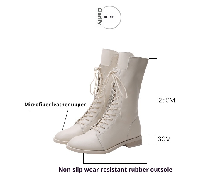 ShoeVault Genuine Leather Martin 2023 New British Style White Short For Women Spring And Autumn Mid-Calf Riding Boots With Fleece_voghion.com