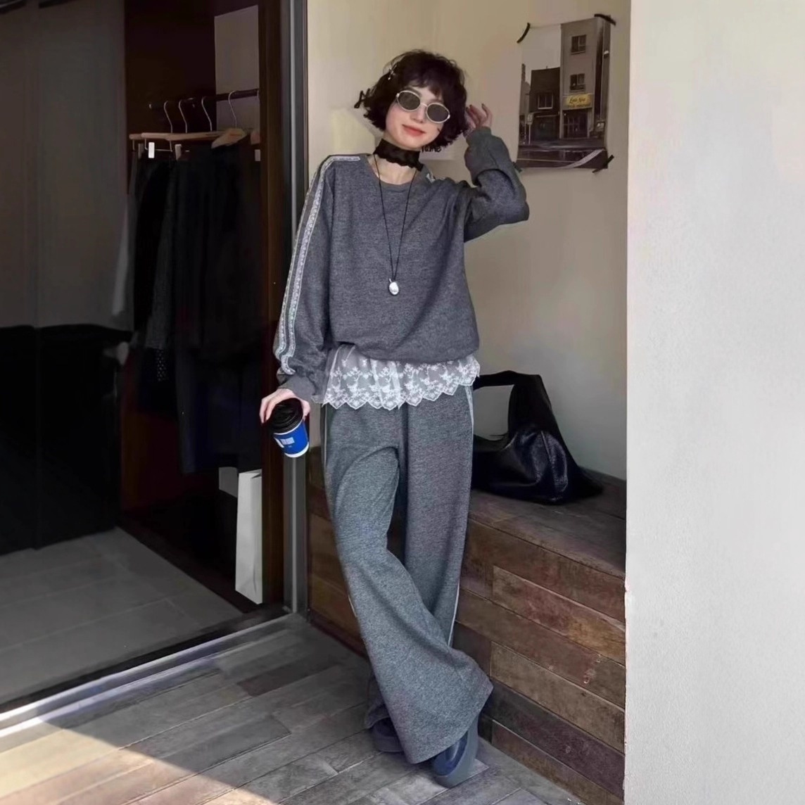 001 Women's Sports Suit Spring Autumn 2025 Fashionable Stylish Casual Gray Loose Sweatshirt With Lace Lazy Wide Leg_voghion.com