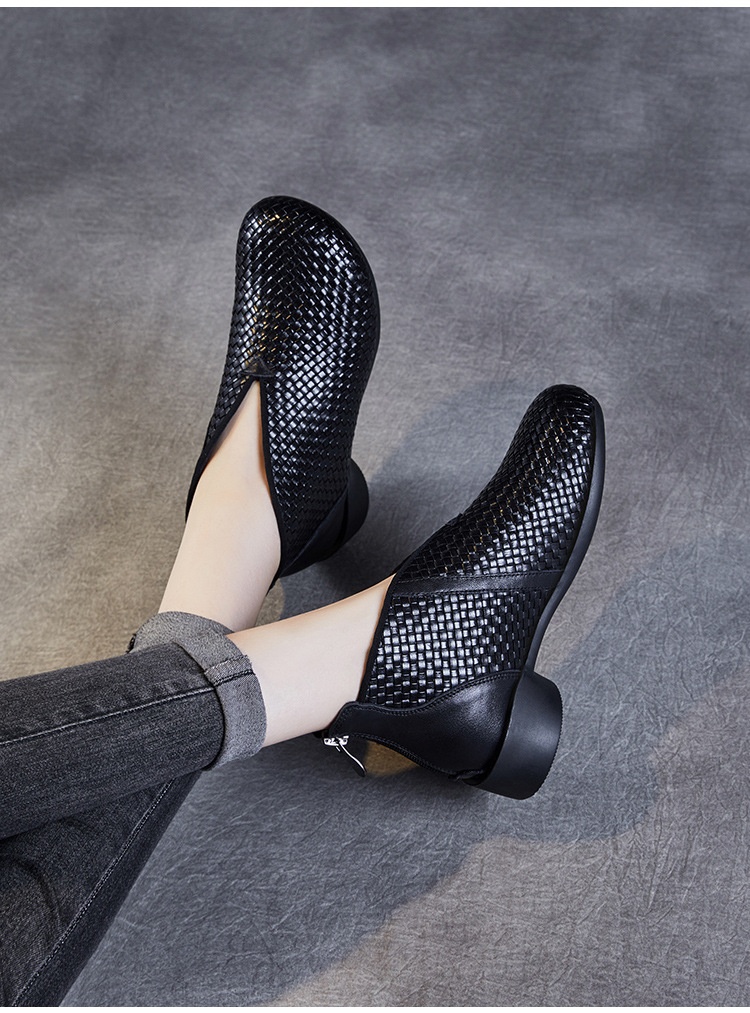 Chaussures montantes ShoeVault Vintage Original New Flat And Bare Short Woven Handmade en cuir véritable pour femmes, fermeture éclair arrière, bottines simples_voghion.com