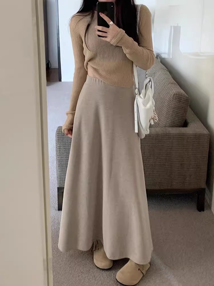 GraceChic Winter Gray Knitted Midi Women Spring Autumn 2023 New Korean Style A-line Draped Long Skirt_voghion.com