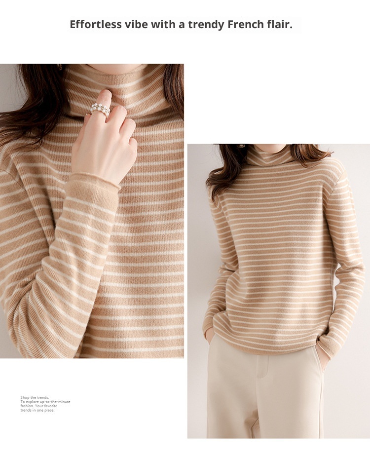 GraceChic GraceChic GraceChic Striped Turtleneck For Women, Autumn Winter 2022 New Simple Versatile Pile Collar Base Shirt, Color Block Slim Fit_voghion.com