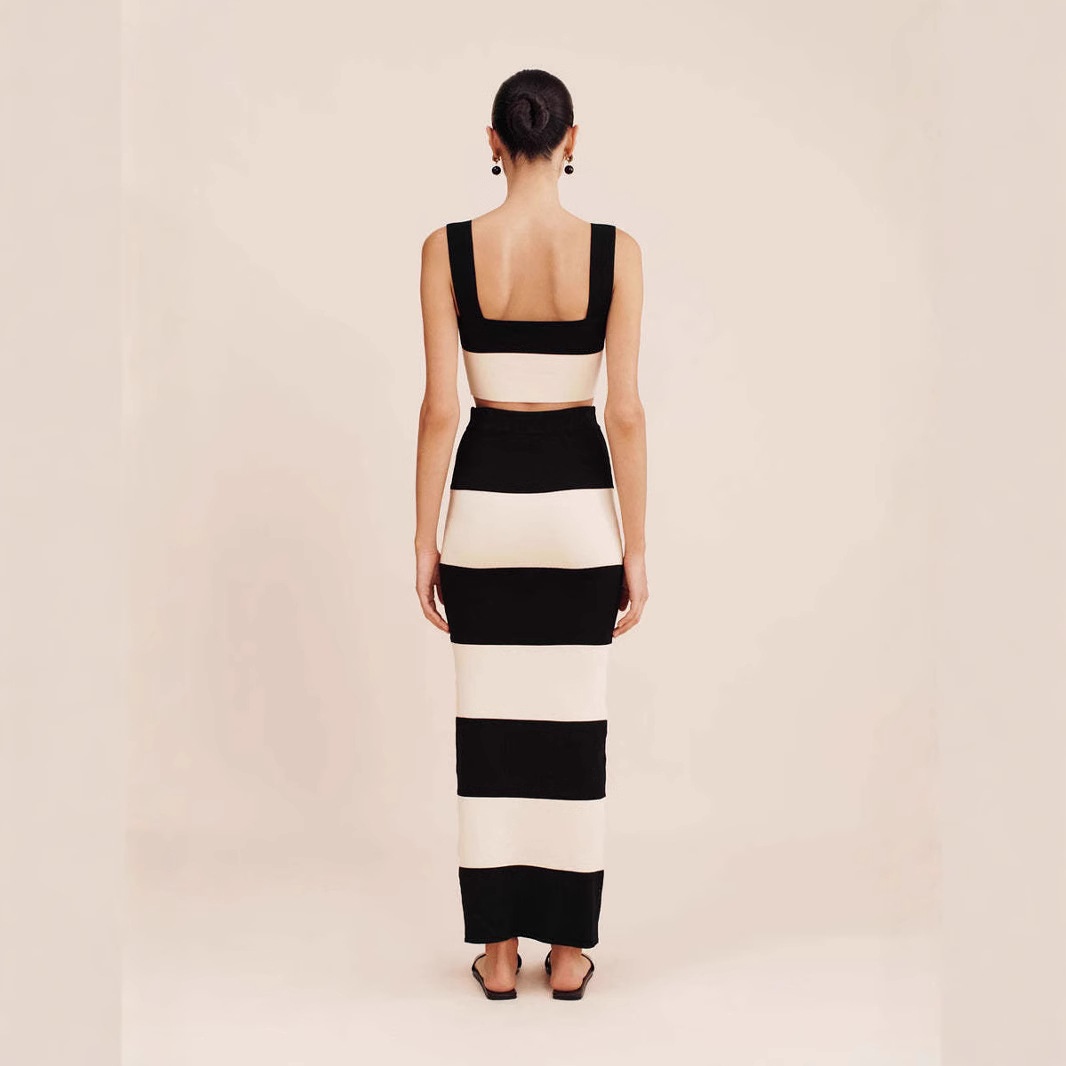 ChicShe Vêtements pour femmes transfrontaliers européens, américains et du Moyen-Orient, ensemble gilet et débardeur rayé en maille noir et blanc_voghion.com