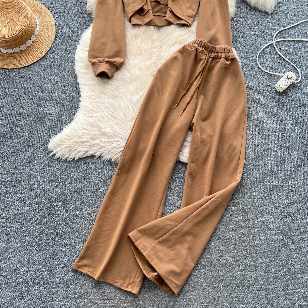 001 Tuta sportiva casual da donna, felpa autunnale a maniche lunghe con scollo rotondo e corto, pantaloni larghi a vita alta e snellenti_voghion.com