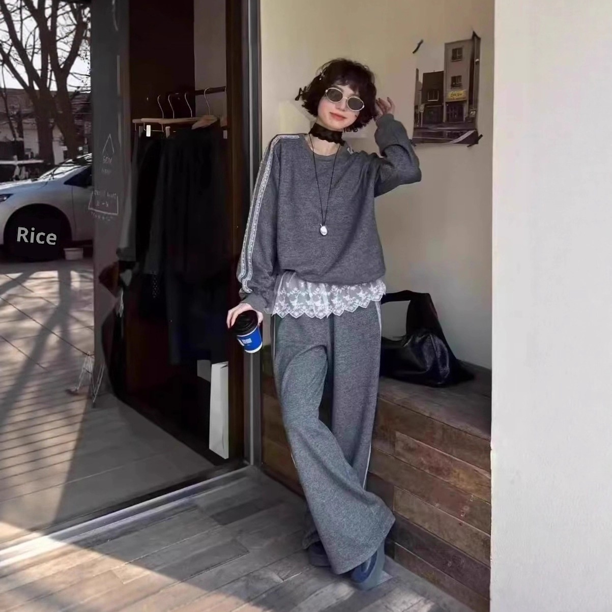 001 Women's Sports Suit Spring Autumn 2025 Fashionable Stylish Casual Gray Loose Sweatshirt With Lace Lazy Wide Leg_voghion.com