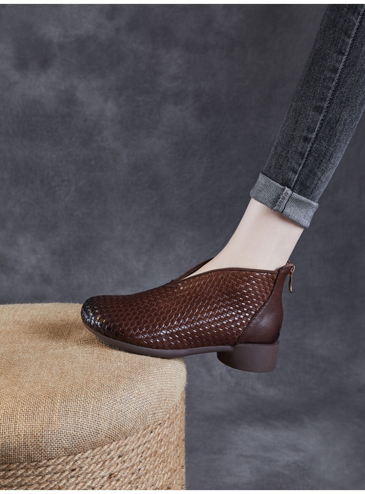 Chaussures montantes ShoeVault Vintage Original New Flat And Bare Short Woven Handmade en cuir véritable pour femmes, fermeture éclair arrière, bottines simples_voghion.com