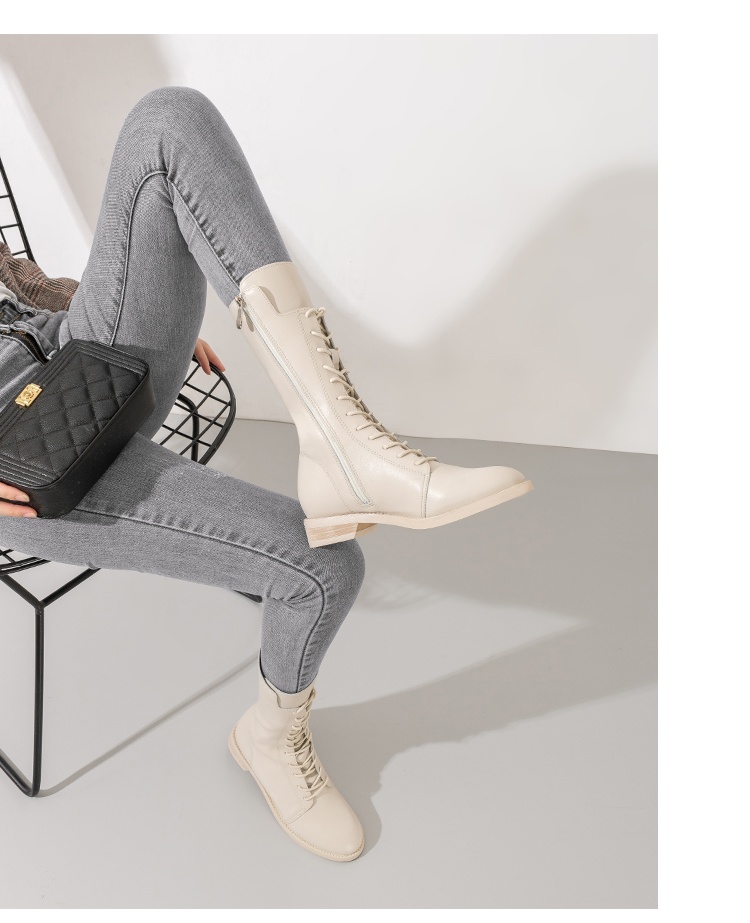 ShoeVault Genuine Leather Martin 2023 New British Style White Short For Women Spring And Autumn Mid-Calf Riding Boots With Fleece_voghion.com