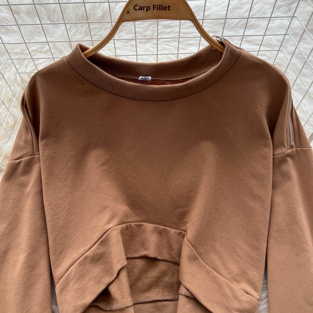 001 Tuta sportiva casual da donna, felpa autunnale a maniche lunghe con scollo rotondo e corto, pantaloni larghi a vita alta e snellenti_voghion.com