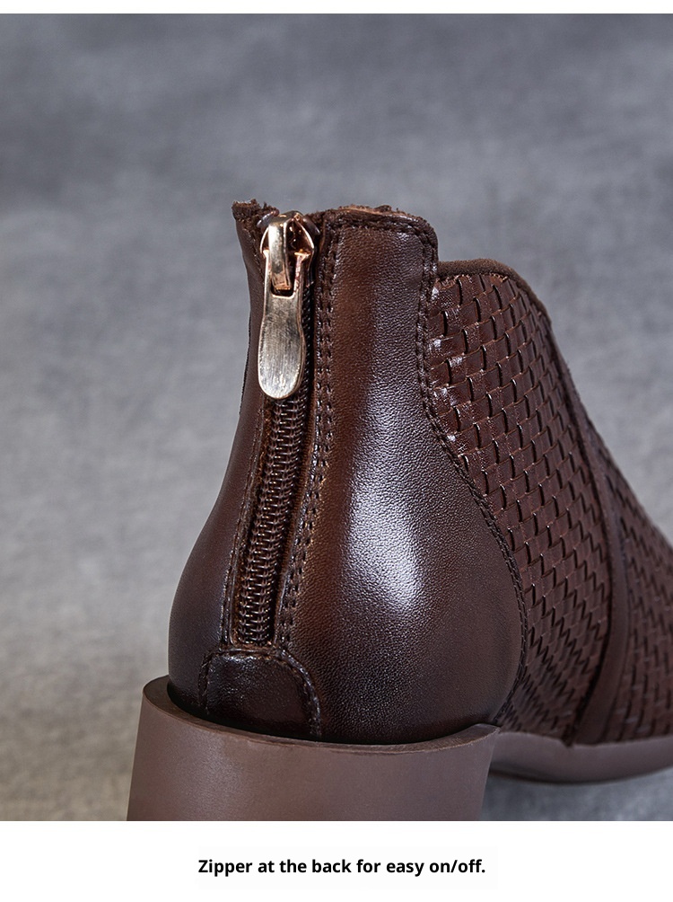 Chaussures montantes ShoeVault Vintage Original New Flat And Bare Short Woven Handmade en cuir véritable pour femmes, fermeture éclair arrière, bottines simples_voghion.com