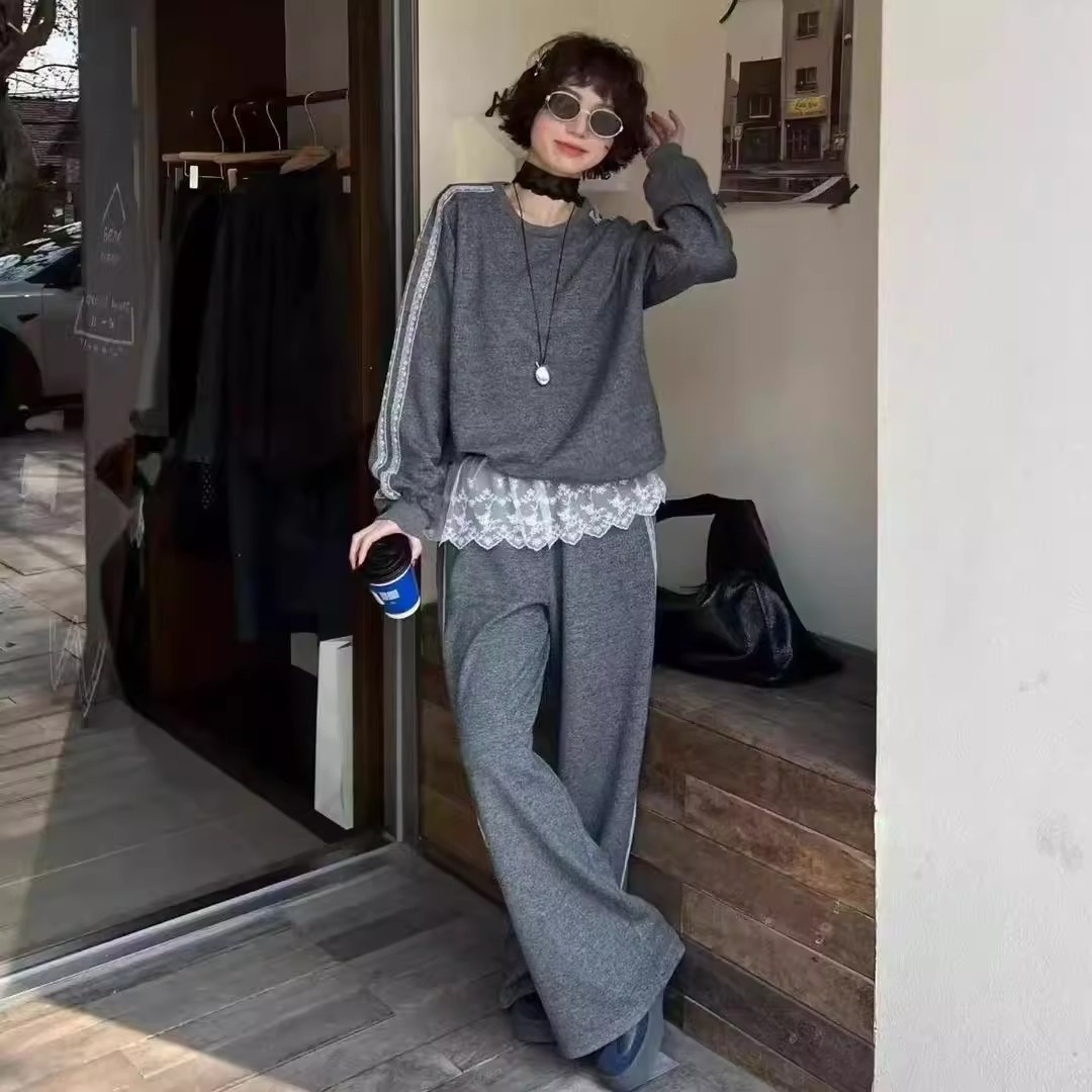 001 Women's Sports Suit Spring Autumn 2025 Fashionable Stylish Casual Gray Loose Sweatshirt With Lace Lazy Wide Leg_voghion.com