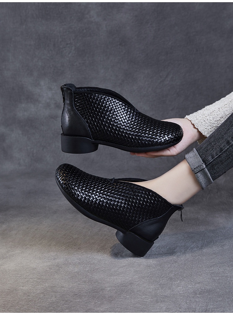 Chaussures montantes ShoeVault Vintage Original New Flat And Bare Short Woven Handmade en cuir véritable pour femmes, fermeture éclair arrière, bottines simples_voghion.com