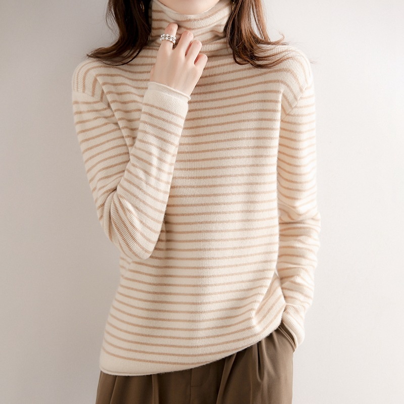 GraceChic GraceChic GraceChic Striped Turtleneck For Women, Autumn Winter 2022 New Simple Versatile Pile Collar Base Shirt, Color Block Slim Fit_voghion.com