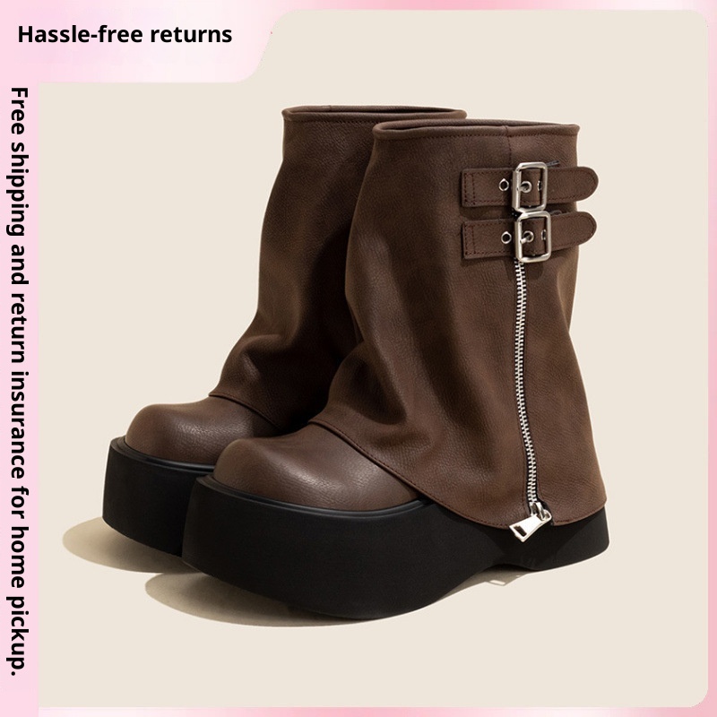 ShoeVault Qi Yan Women's Short Thick Height Increasing 2025 New Summer Brown Small Size Pants Tube Platform Sole Martin Boots_vogvips.com