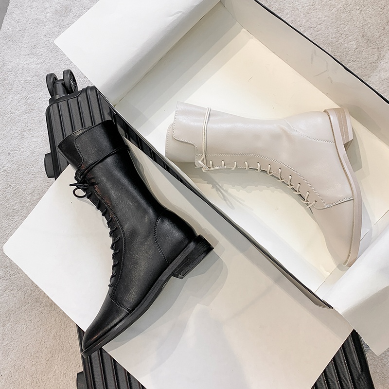 ShoeVault Genuine Leather Martin 2023 New British Style White Short For Women Spring And Autumn Mid-Calf Riding Boots With Fleece_voghion.com