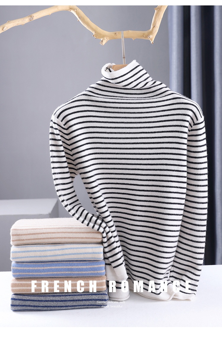GraceChic GraceChic GraceChic Striped Turtleneck For Women, Autumn Winter 2022 New Simple Versatile Pile Collar Base Shirt, Color Block Slim Fit_voghion.com