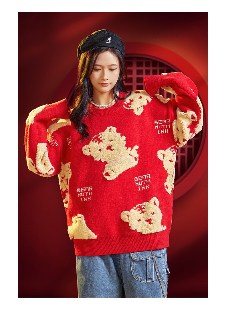 GraceChic GraceChic GraceChic Zodiac Red Women's Fashion Couple Outfit Winter 2022 New Year Battle Robe Sweater Tiger Stylish_voghion.com
