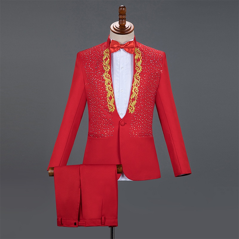 Costume da esibizione per uomo, adulto, con colletto alto e paillettes, cantante, presentatore, coro da palcoscenico, completo formale da uomo_voghion.com