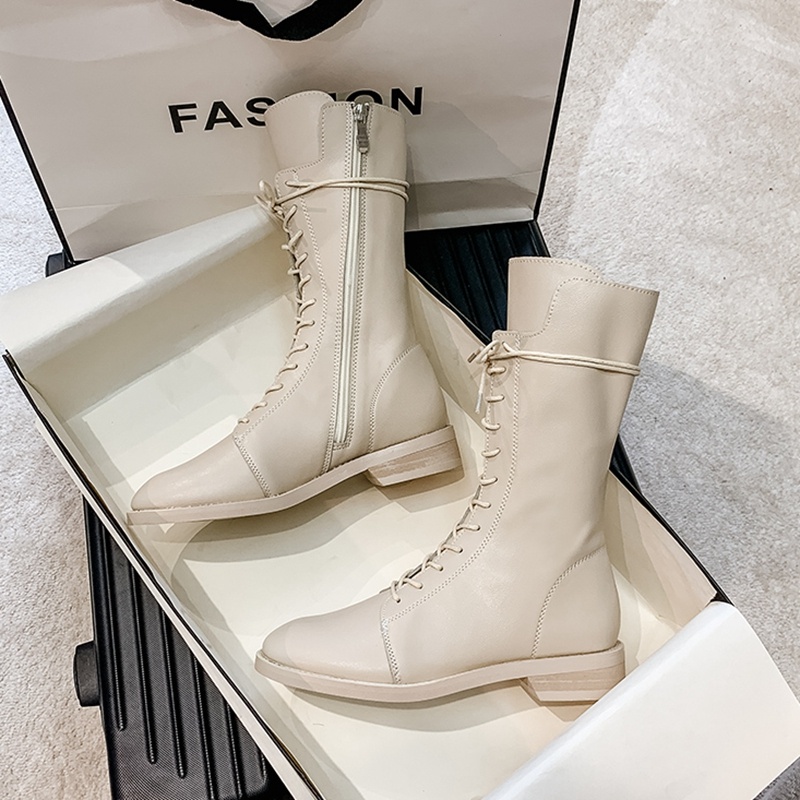 ShoeVault Genuine Leather Martin 2023 New British Style White Short For Women Spring And Autumn Mid-Calf Riding Boots With Fleece_voghion.com