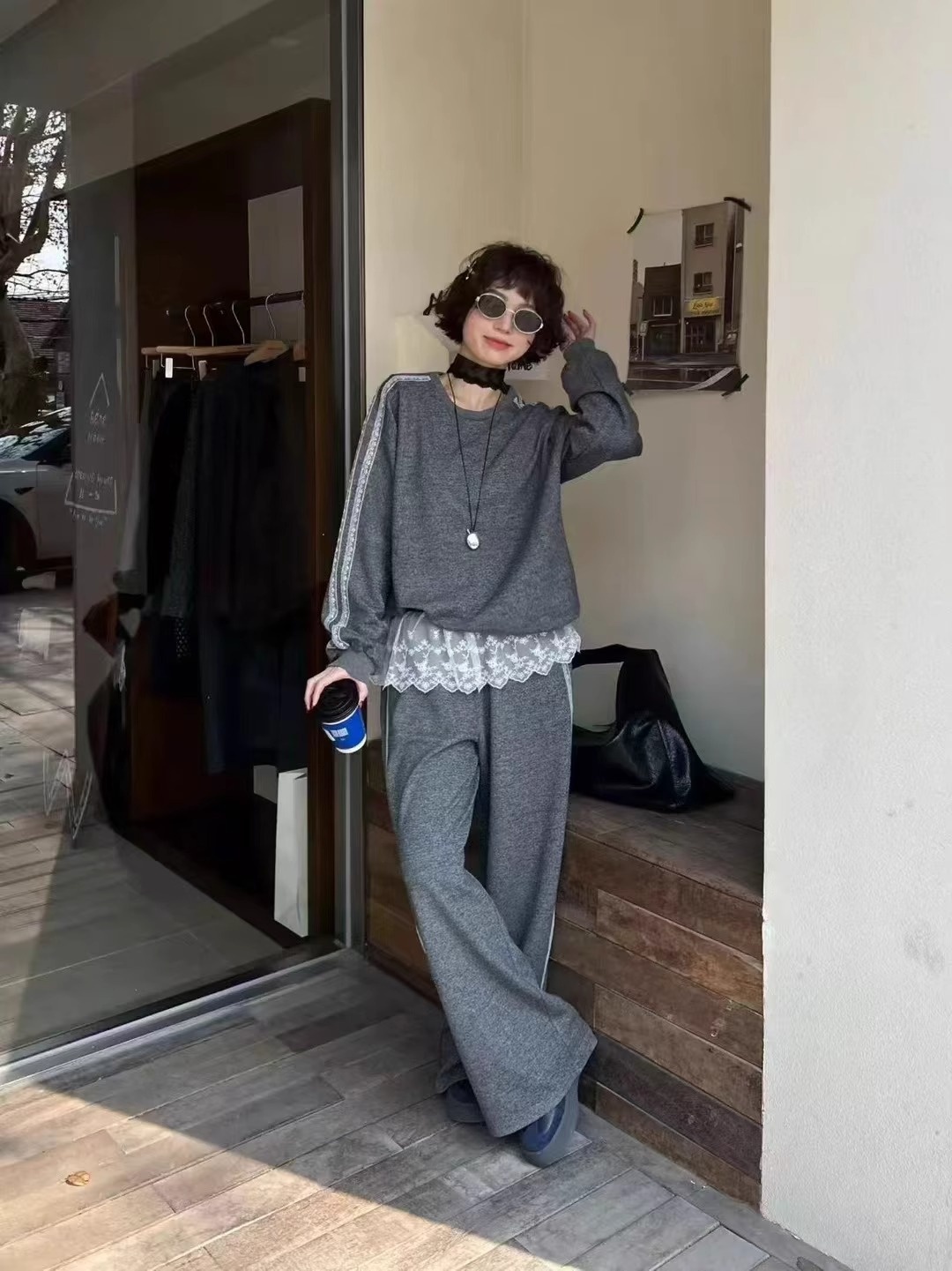 001 Women's Sports Suit Spring Autumn 2025 Fashionable Stylish Casual Gray Loose Sweatshirt With Lace Lazy Wide Leg_voghion.com