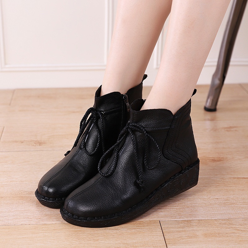 ShoeVault Warm Short For Women Genuine Leather New Wedge Side Zipper Round Toe Retro Shoe Non-Slip Height Increaing Women'_voghion.com