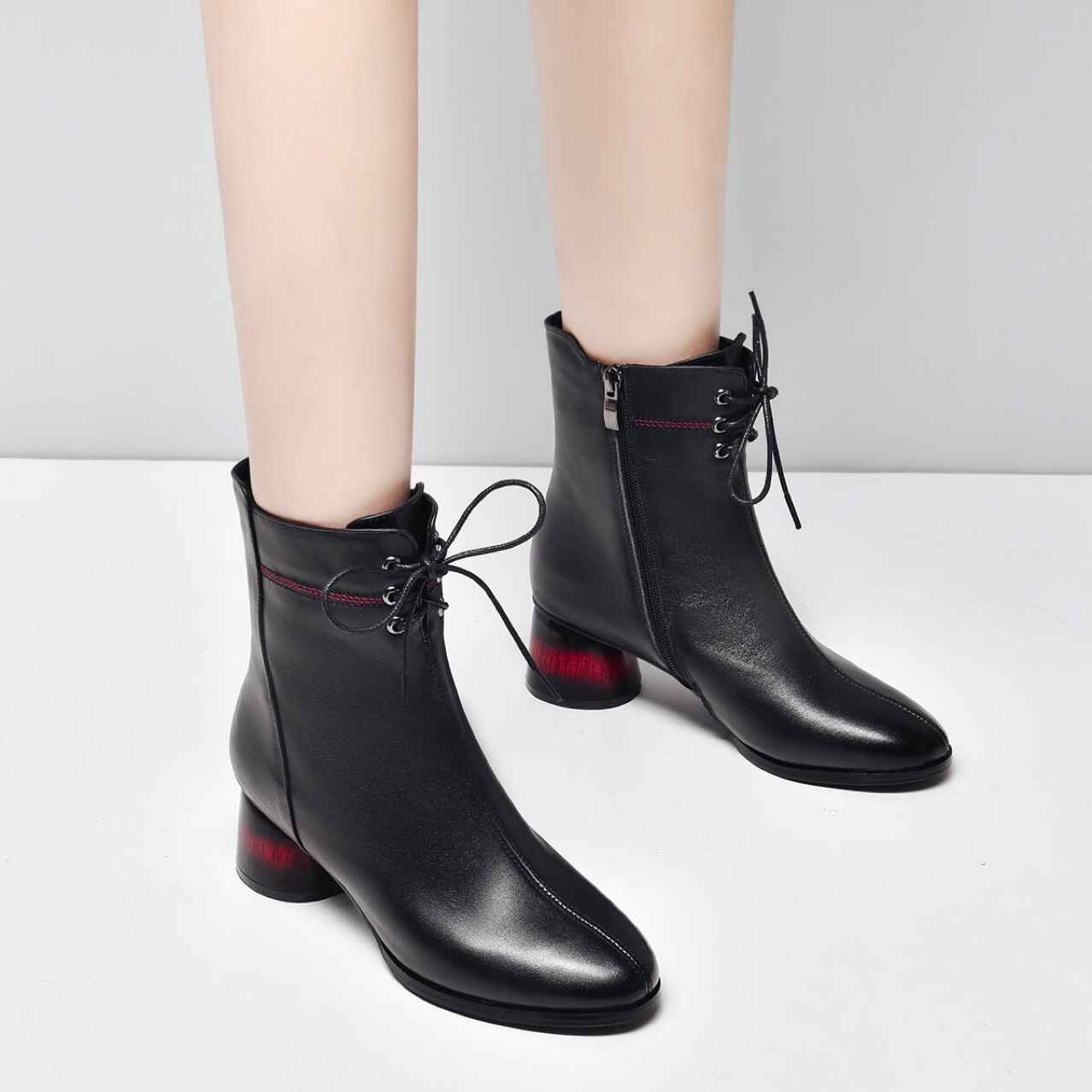 Bottes courtes ShoeVault en cuir véritable, collection automne-hiver 2023, style Martin, bout rond, talon épais, doublure polaire, pour femme._voghion.com