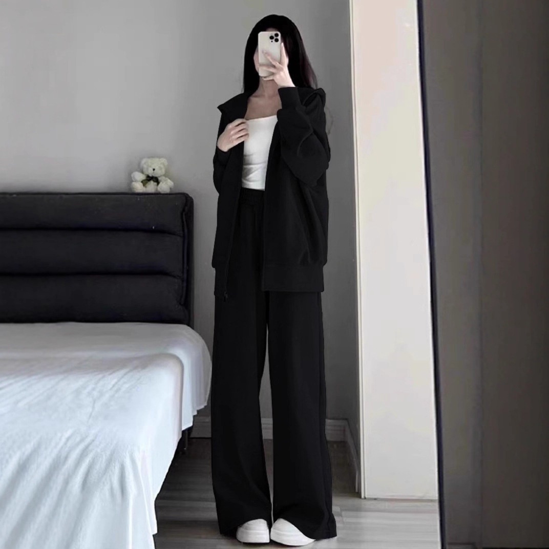 001 2025 Nieuwe herfst-winter losse grijze sweatshirt met capuchon en wijde broek, tweedelige set voor dames_voghion.com