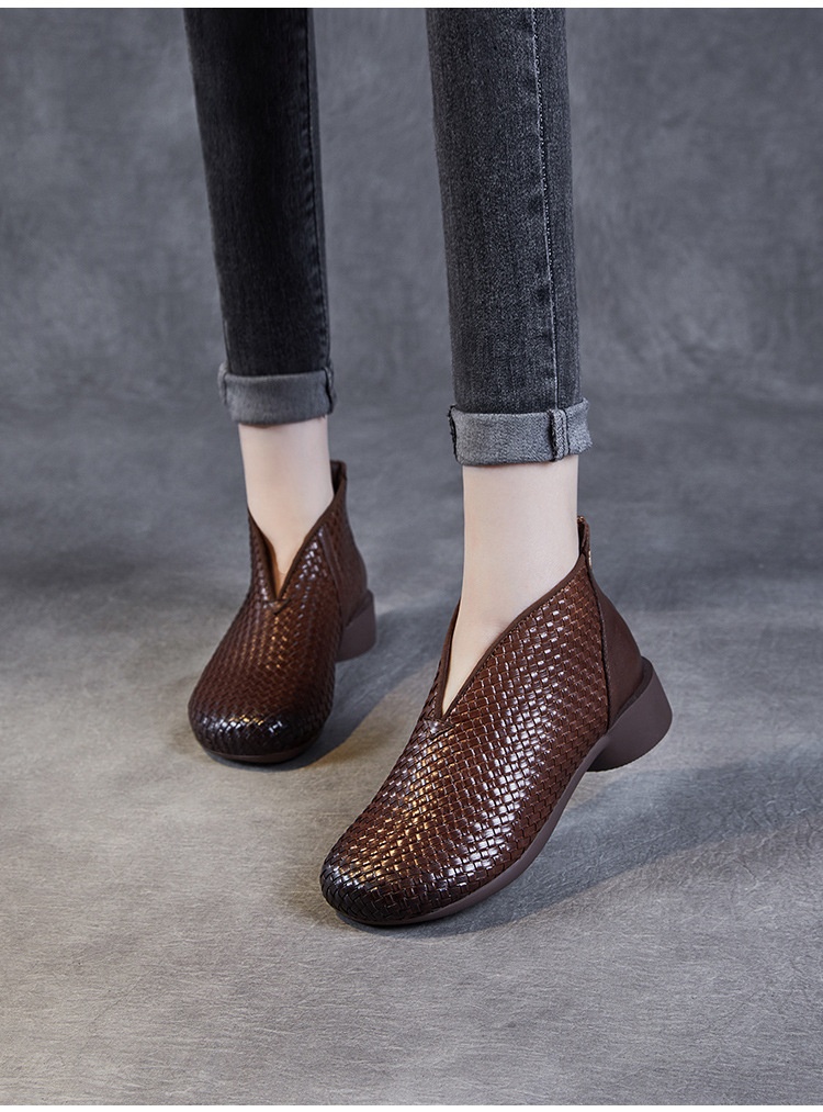 Chaussures montantes ShoeVault Vintage Original New Flat And Bare Short Woven Handmade en cuir véritable pour femmes, fermeture éclair arrière, bottines simples_voghion.com