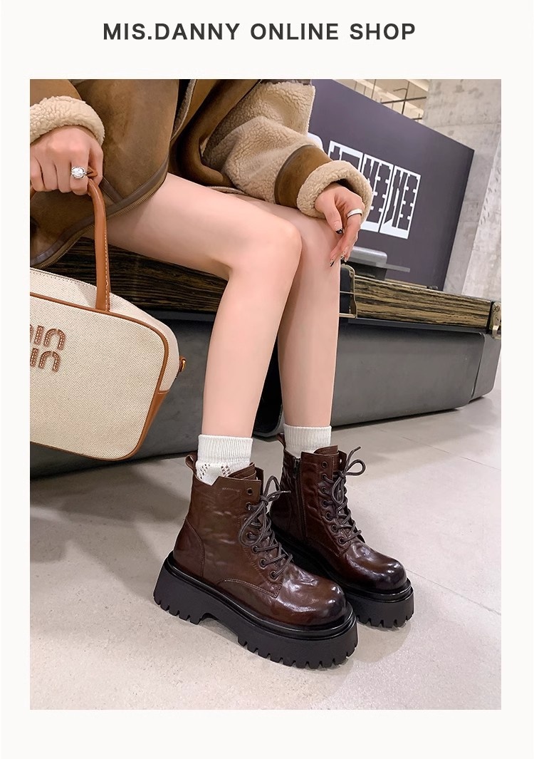 ShoeVault Genuine Leather Martin For Women, Thick Sole, Height Increasing, Chunky Heel, Short Winter New Style, Fleece Lined,_voghion.com